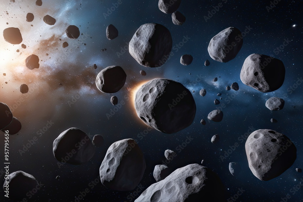 Poster asteroid swarm of boulder shaped rocks in outer space