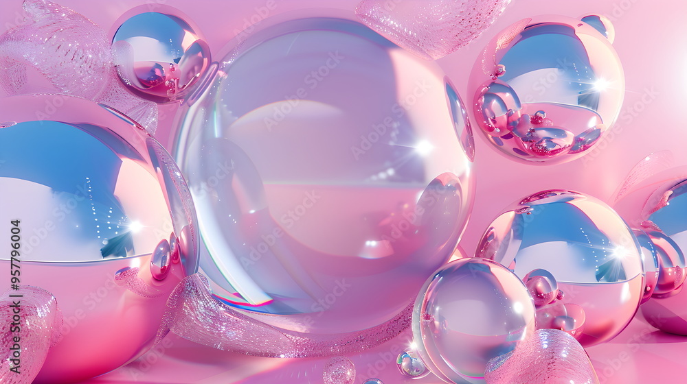 Poster shimmering spheres reflect light creating abstract background. shiny iridescent bubbles flow on past