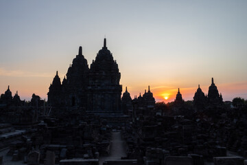 Fototapeta premium Sewu temple or called Candi Sewu at sunset, part of Prambanan Hindu temple, located on Klaten, Indonesia, silhouette concept.