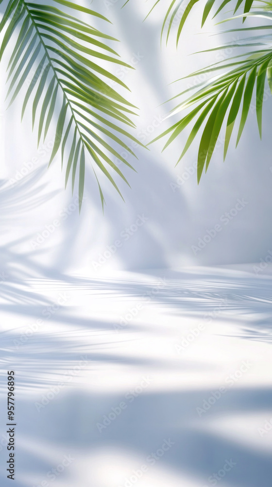 Poster a white background with a palm tree leaf and a shadow on it. the image has a calm and serene mood