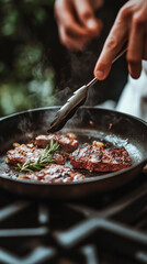 Fototapeta premium A person is cooking meat in a pan with a spatula. The meat is brown and has some herbs on it