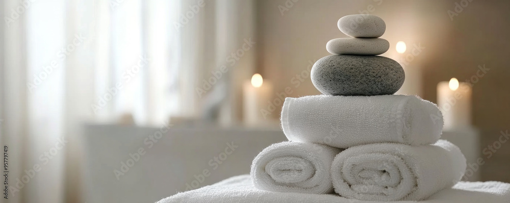 Poster a stack of white towels and rocks on a table. the scene is calm and peaceful, with the towels and ro