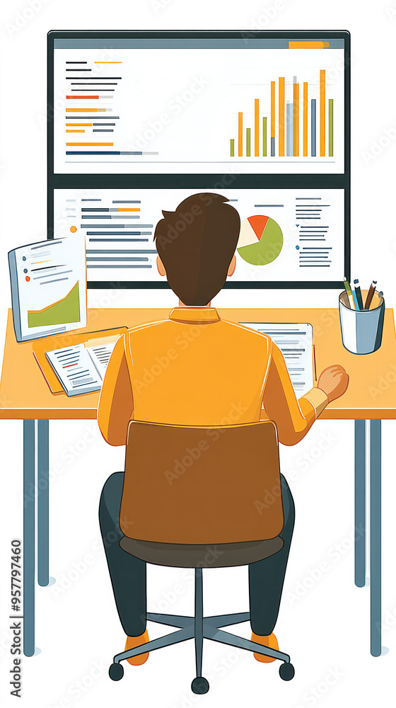 Poster a man is sitting at a desk with a computer monitor and a keyboard in front of him. he is working on 