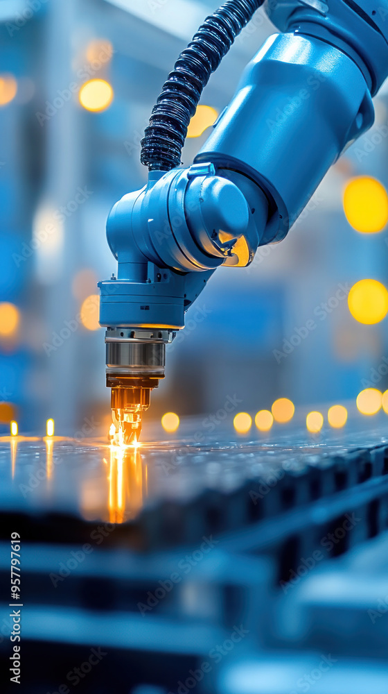 Poster a robot is cutting a piece of metal with a laser. concept of precision and efficiency, as the robot 