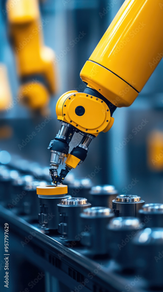 Poster a robot is working on a machine, and the robot is yellow