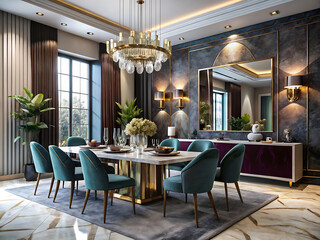 Fototapeta premium Modern Interior Design of Dining Room with Elegant Furniture Vector Illustration