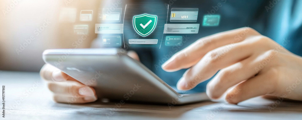 Poster a person is using a tablet with a green check mark on it. the tablet is displaying a variety of icon