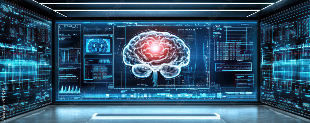 Poster a computer monitor displays a brain with a red spot on it. concept of urgency and importance, as the