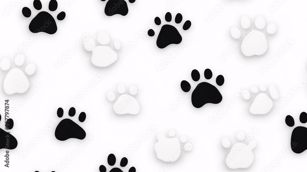 Poster paw prints in monochrome: a playful and minimalist pattern of black and white paw prints set against