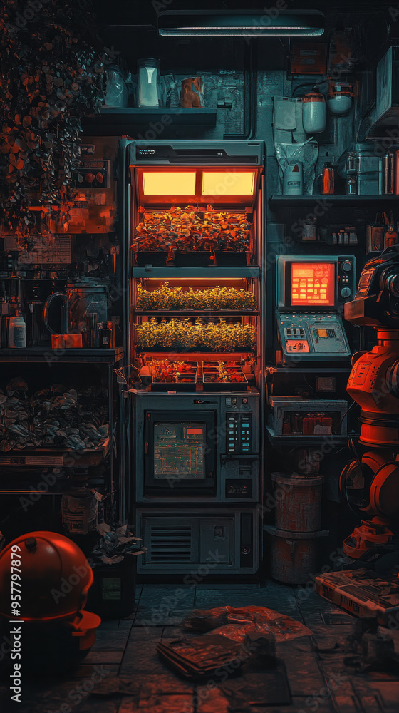 Poster a dark room with a machine that has a green light on it. the machine is surrounded by other objects,