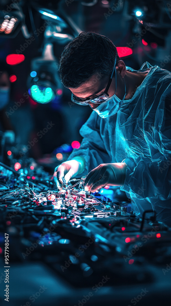 Poster a man in a lab coat is working on a machine. the machine is surrounded by other machines and wires. 