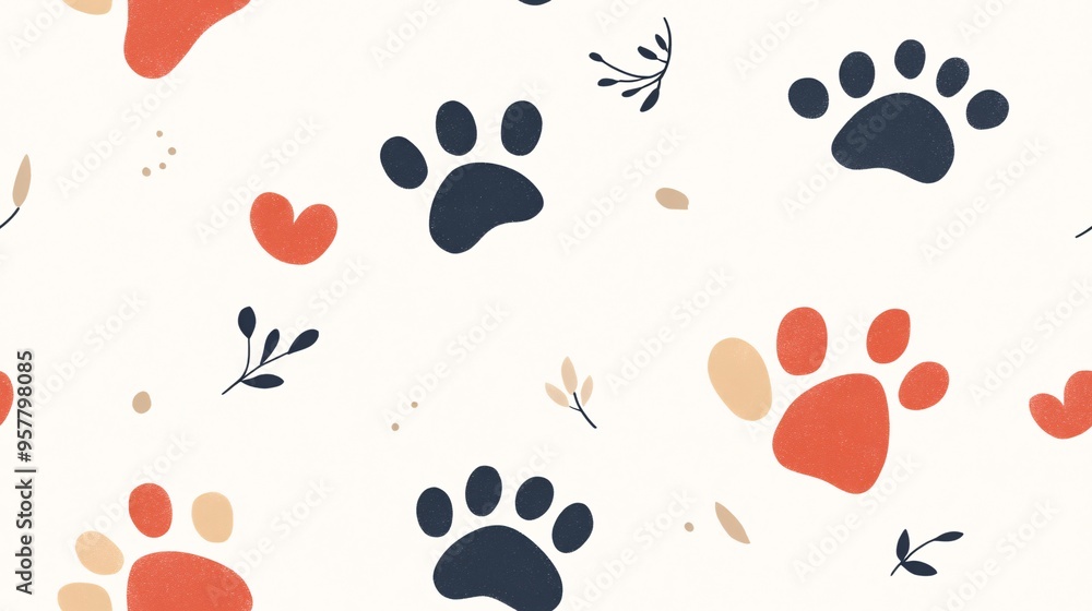 Poster pawsitive vibes pattern: a playful and charming pattern featuring colorful paw prints and delicate f