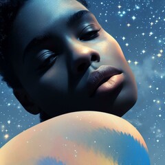 Stylized Portrait of Woman with Moonlit Starry Background