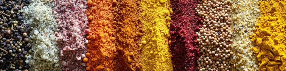 Aerial view of an array of colorful spices, detailed close-up of assorted fresh herbs and spices, vibrant assortment of dry seasonings.