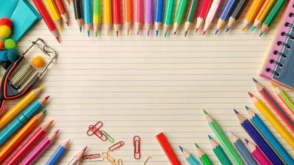 Vibrant colored pencils surround a notepad, illustrating creativity and organization.
