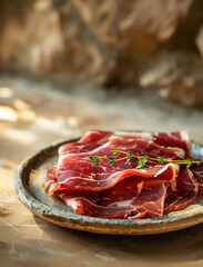 Obraz premium Culinary photography of traditional Jamon Iberico with rustic flair on beige