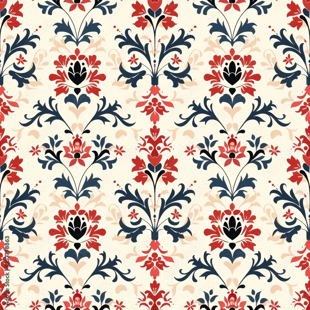Poster Red and Blue Floral Damask Pattern: Elegant and intricate, this seamless damask pattern features a classic design with a modern twist. Rich red and deep blue blossoms intertwine with delicate foliage 