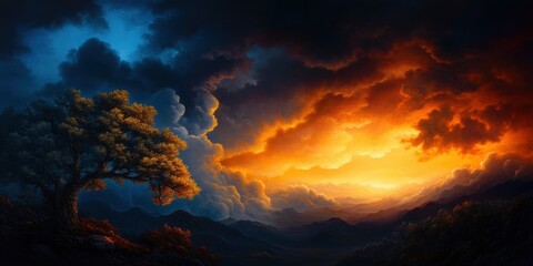 Naklejka premium A breathtaking landscape showcasing dramatic clouds and a vibrant sunset behind a solitary tree.