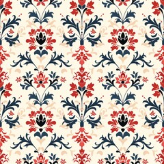 Red and Blue Floral Damask Pattern: Elegant and intricate, this seamless damask pattern features a classic design with a modern twist. Rich red and deep blue blossoms intertwine with delicate foliage 