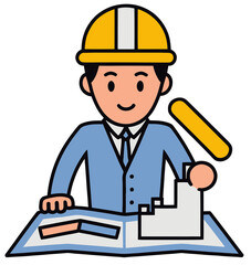 Smiling 2D Flat Design Architect Holding a architect tools, Wearing a Hard Hat and Suit