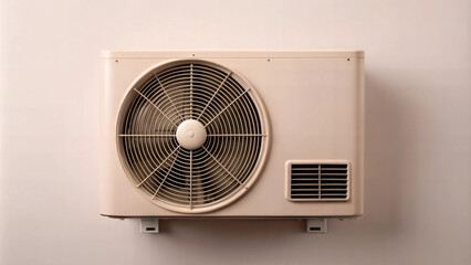 Outdoor air conditioning unit mounted on a wall in a residential setting

