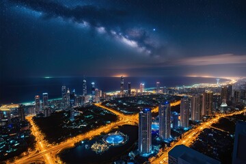 Naklejka premium Stunning Night Views of Earth Featuring City Lights and Starry Skies