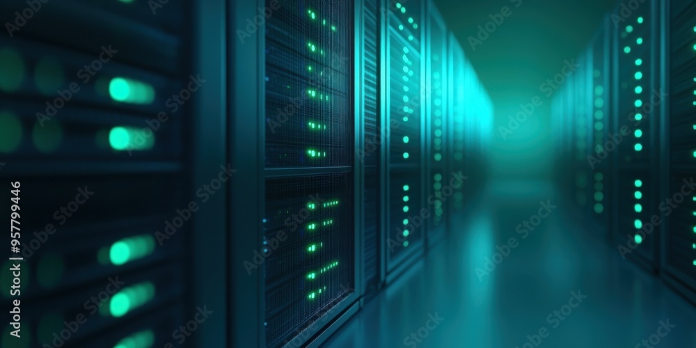 Poster a high-tech data center showcasing rows of server racks with glowing indicators in a modern, futuris