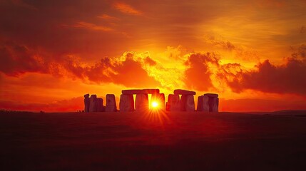 Fototapeta premium A panoramic view of Stonehenge at sunset, with the sun dipping below the horizon and the sky ablaze with fiery colors, emphasizing the monument's timeless majesty