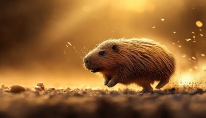 A lively animal scurries through a golden landscape, showcasing its furry texture and dynamic movement in the soft sunlight.