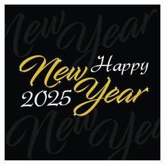 Handwritten Happy New Year 2025. White and yellow on a black background. Happy New Year 2025 concept. Flat vector illustration.