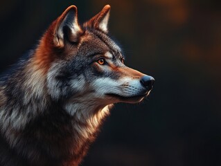 Obraz premium A majestic wolf profile captured in golden hour light, showcasing its intelligent eyes and beautiful fur.
