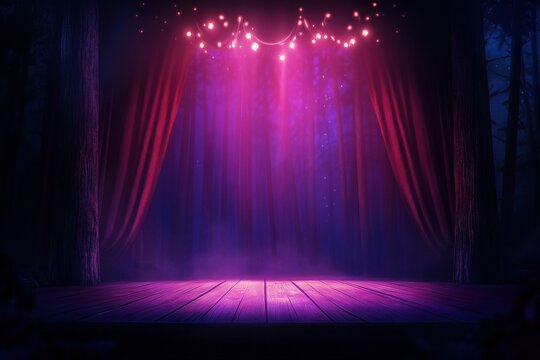 A mesmerizing stage illuminated by pink lights, surrounded by dark woods creating a magical and enchanting atmosphere.
