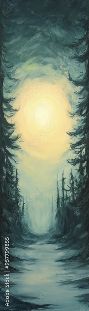 Poster a mystical forest scene illuminated by soft sunlight, creating a serene pathway surrounded by tall t