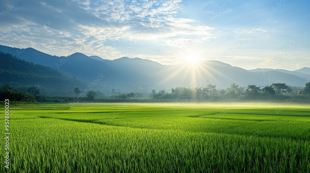 Wall mural a peaceful morning landscape of green rice fields with a mountain backdrop in nan province, thailand