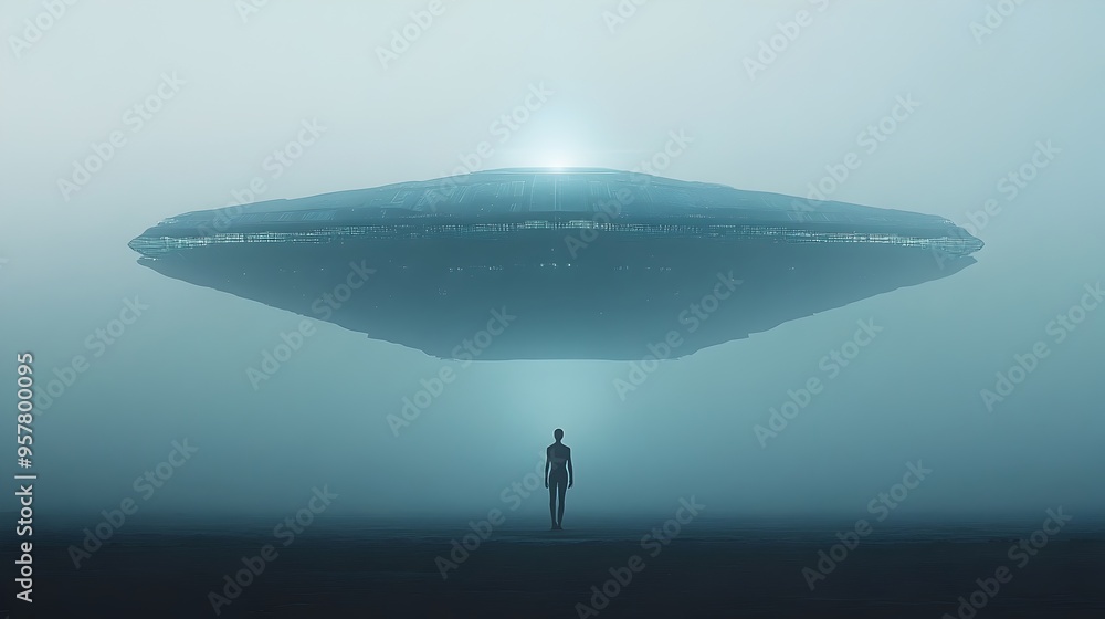 Poster Alien Exploring Mysterious Futuristic Landscape with Spaceships at Night