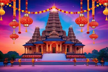 Vibrant Festive Wallpaper Featuring a Grand Temple at Twilight for Hindu New Year Celebration