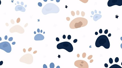 Paw Print Seamless Pattern: A charming and playful pattern featuring a mix of blue, beige, and brown paw prints on a white background. Perfect for pet-related projects, home decor, and textiles.  