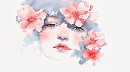 A serene watercolor portrait featuring a woman's face adorned with blooming flowers, evoking beauty and tranquility.