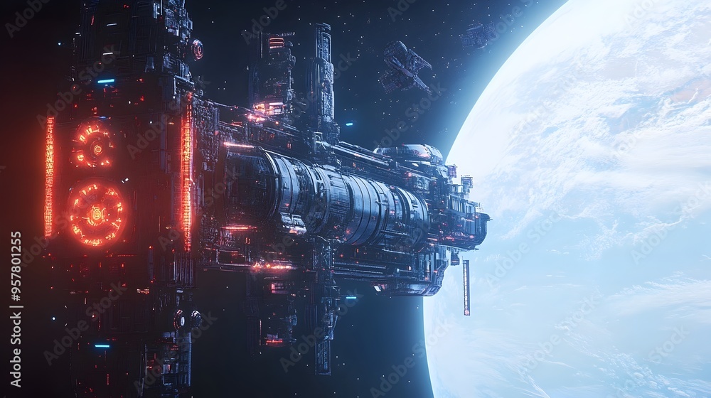 Poster Futuristic Space Station Overlooking Distant Galaxy in Sci Fi Exploratory Concept