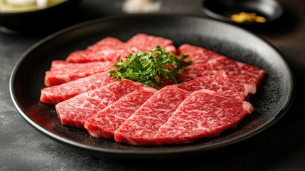 A plate of thinly sliced Japanese Wagyu beef with perfect marbling, ready for a BBQ grill. Exquisite presentation for high-end food and culinary photography.
