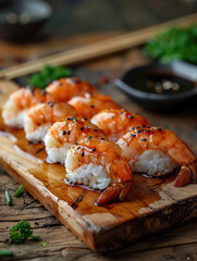 Japanese Ebi Nigiri shrimp sushi with sesame on a rustic background, close up