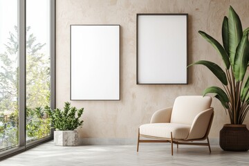 Poster Frame in Beige minimalist living room interior created with generative AI