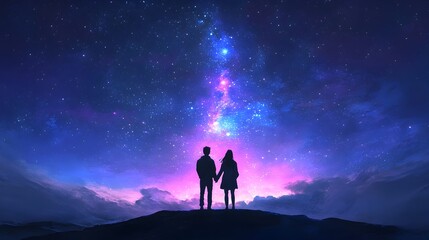 Mysterious Celestial Encounter Couple in Awe of Glowing Night Sky