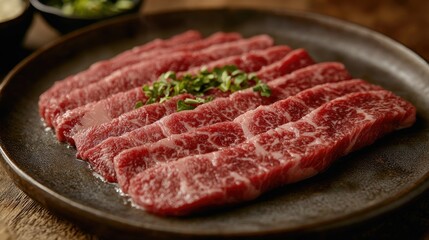 A premium set of raw Wagyu A5 beef slices, ready for yakiniku, arranged on a plate with herbs. Rich marbling and color make it a stunning choice for culinary visuals.
