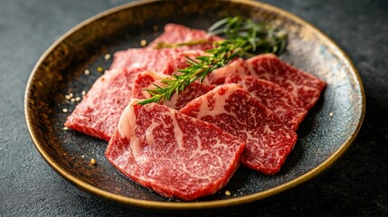A premium set of raw Wagyu A5 beef slices, ready for yakiniku, arranged on a plate with herbs. Rich marbling and color make it a stunning choice for culinary visuals.