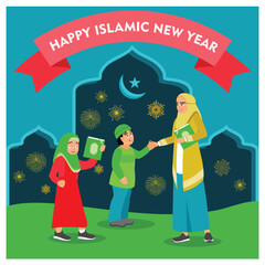 Muslim woman invites children to read the Quran. Fireworks decorated the night sky. Happy New Hijri Year concept. Flat vector illustration.