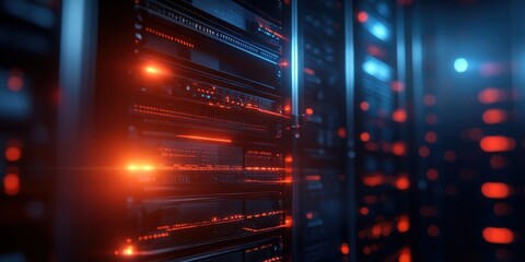 Naklejka premium Close-up of a modern data server with vibrant lights showcasing digital technology and network infrastructure.
