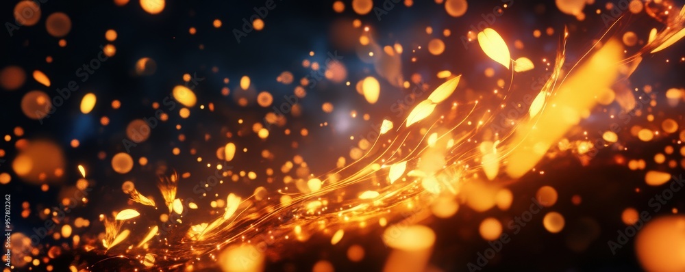 Poster dynamic sparks and glowing particles create a vibrant display of light and energy against a dark bac