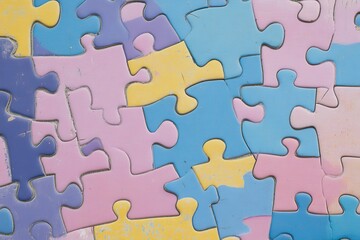 Obraz premium Colorful jigsaw puzzle pieces scattered on a surface, showcasing vibrant pink, blue, and yellow hues for playful and creative themes.
