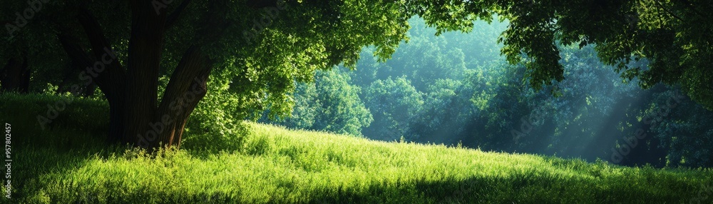 Poster lush green meadow illuminated by sunlight filtering through trees, creating a tranquil and serene at